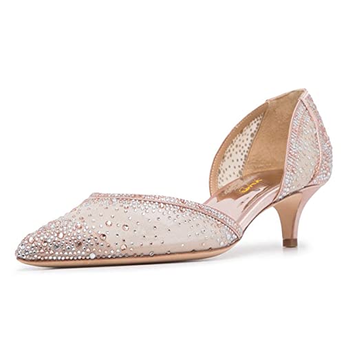 Image of XYD Women's Pumps, Elegant Pointed Toe, D'Orsay Kitten Low Heels, Rhinestone Studs, Slip-On Satin Shoes for Wedding