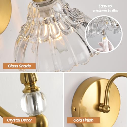 Image of Vintage Wall Sconce Set of 2, Matte Brass Finish Bathroom Wall Sconce, Modern Wall Mount Lamp Light, Indoor Hardwired Vanity Wall Lighting for Bedroom Living Room Hallway