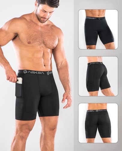Image of Niksa 1 /2 Pack Mens Compression Shorts with Pocket, Performance Spandex Athletic Sports Workout Running Underwear Shorts