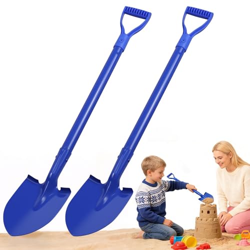 Lanathel 2 Pack Metal Beach Sand Shovels for Kids 27 Inch Heavy Duty Small Shovels for Digging Camping Gardening Planting Mini Spade with D-Grip Handle Blue