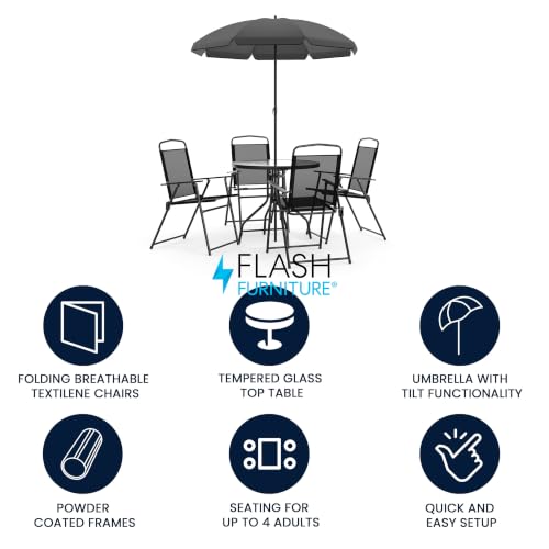 Flash Furniture Nantucket 6-Piece Patio Dining Set with Glass Table, 4 Folding Chairs, and Umbrella, Outdoor Patio Set, Black