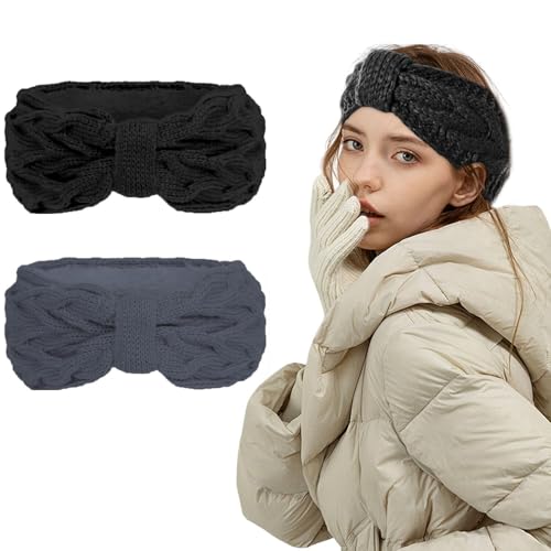 Stirnband Damen Winter, 2 Stück Strick Stirnband Winter Fleece Ohrenwärmer Damen Verdicken Stirnbänder Mädchen Sehr Warm Elastische Gestrickte Haarband Kopfband Warme Wintergeschenke (Schwarz+Grau)
