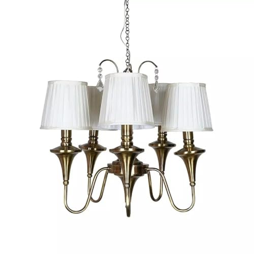 Image of Traditional Brass Chandelier, 5-Light and Double Wall Light & Single Wall Light White Fabric Shades, Chain-Mounted Ceiling Light (American, 1)