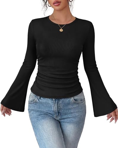 Sampeel Bell Sleeve Tops for Women Y2k Outfits Dressy Blouses, Black, XS