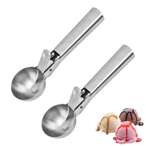 Cuchara de helado, cuchara de galletas de acero inoxidable con gatillo fácil, postre de frutas multiusos para patatas, yogur, albóndigas, sandía (paquete de 2)