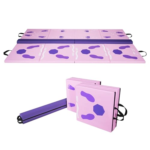 Kangaroo Hoppers Gymnastics Tumbling Mat with Balance Beam - Kids Folding Tumble Mat for Endless Play & Skill-Building, Perfect for Home Gym, Playroom and Backyard Activities, Purple & Pink