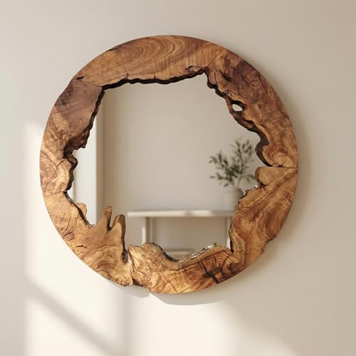 Live Edge Olive Wood Mirror - Round Rustic Wall Decor for Entryway & Bathroom, Solid Wood Circle Mirror, Organic Modern Farmhouse Aesthetic, Premium Natural Grain Decorative Accent, 16"