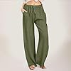 Womens Linen Pants Elastic High Waist Drawstring Wide Leg Trendy Casual Pants Loose Fit Palazzo Trousers with Pockets #1