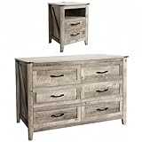NEDYO Farmhouse Dresser and Nightstand Sets, Rustic Wooden Bedroom Set, 2PCS Dresser Set Including 6 Drawer Dresser & Nightstand with Charging Station. Light Rustic Oak