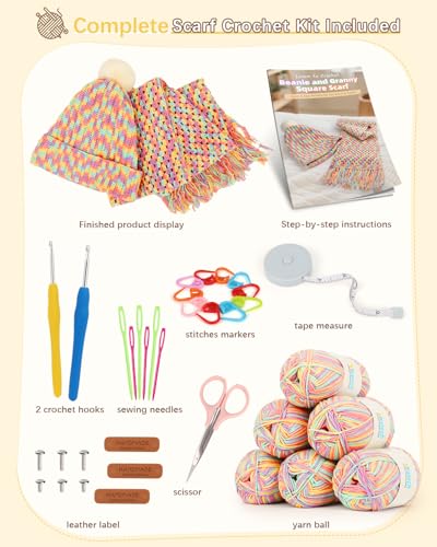 Image of Katech Crochet Kit for Beginners w /Step-by-Step Instruction for Hat, Scarf | Complete Crochet Kit for Adults Learn-to-Crochet Hat and Scarf, Starter kits clue 6 Yarn and Ergonomic Hooks blue