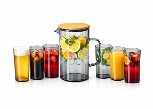 Image of Wringo Premium 7pc Crystal Water Jug with Glass Set and Jug Set Combo,Freezer Safe and Dishwasher Safe (6 Pieces Glasses 200ML and 1 Water Juice Jug 1.5 Liter), Transparent, Glass and Jug Set (WS-22)