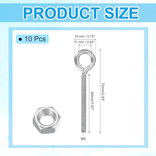 Image of PATIKIL M5x50mm Eye Bolts, 10 Pcs Carbon Steel Threaded Eyebolt Eye Hooks Screws with Nut for Hanging or Securing Cables Silver