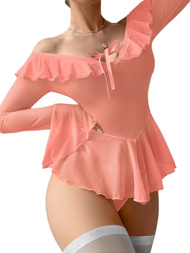 Image of Foxiny Sheer Ruffle Long Sleeve Babydoll Lingerie Dress | Off-shoulder neckline, flared cuffs and a flounce hem add movement; thong and thigh-high stockings complete the 3-piece set
