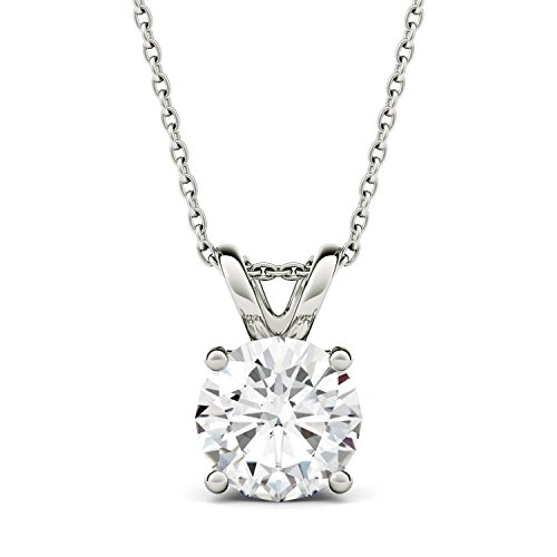 Charles & Colvard Forever One 8mm Round Cut Moissanite Pendant Necklace for Women | 1.9 cttw DEW | Lab Grown | Solid 14K White Gold with Rhodium | 18" Chain