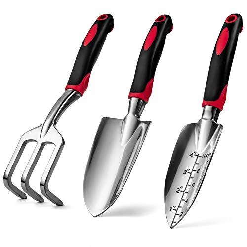 Garden Hand Tools Set of 3, Heavy Duty Cast Aluminum Garden Tools with Ergonomic Handles, Kit Includes 2 Trowels 1 Cultivator Hand Rake (3 Piece) Small Shovels for Gardening