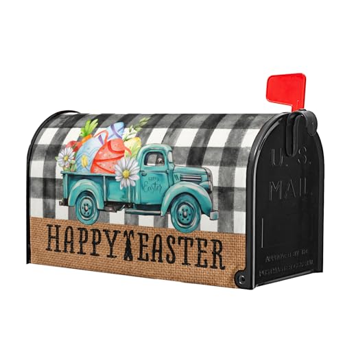 Image of Happy Easter Buffalo Plaid Truck Eggs Mailbox Cover - Standard Size 18 X 21 Inch Spring Holiday Mailbox Wrap Post Letter Box Decorative for Home Outdoor Garden