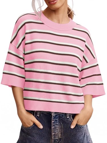 Image of Saodimallsu Womens Short Sleeve Sweater Summer Oversized Cropped Sweaters Casual Crewneck Lightweight Knit Tops