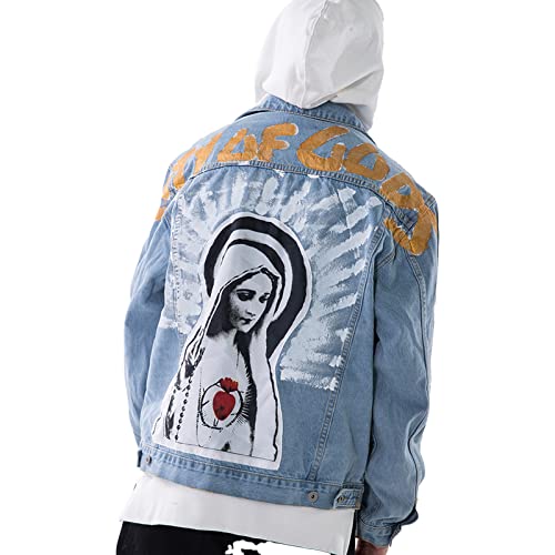 Nagri Men's Kanye Denim Jackets Virgin Mary Jean Coat Lity Of Gods Hip Pop Button Down Trucker Jacket #TOP2