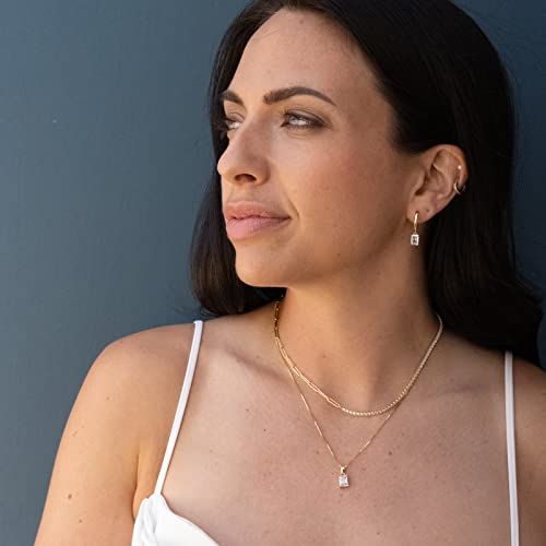 Espere Clear Baguette Cz Pendant Necklace | 14K Gold Plated Sterling Silver | Emerald Baguette Pendant Dainty Box Chain Necklace 18'' #TOP1