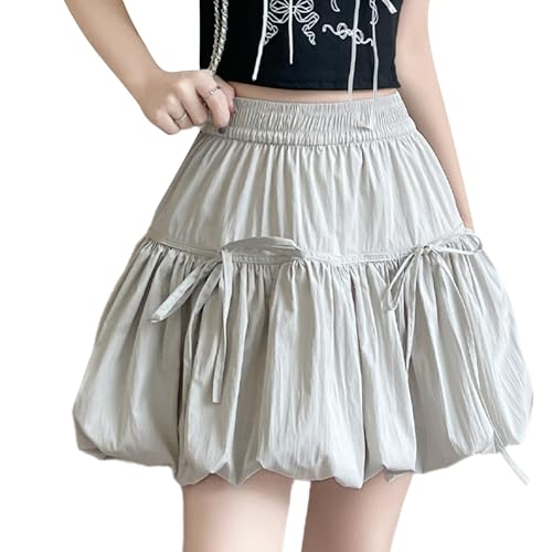 Womens Elastic Waist Sweet Bowknot Layered Ruffle Bubble Short Skirt Solid Color Flared A Line Balloon Skirt Streetwear