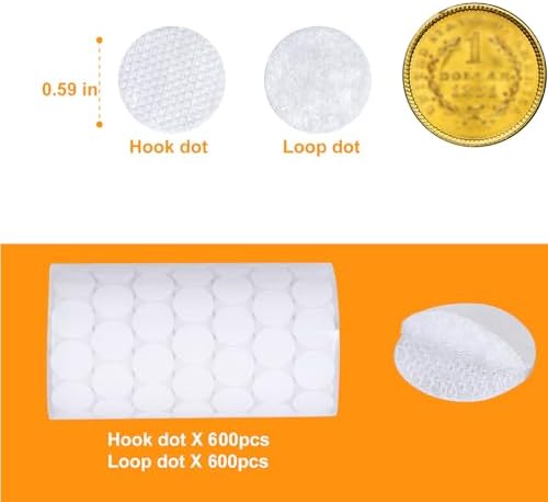 자체 접착 도트 - 1200피스 (600쌍) 직경 1.5cm(0.6인치) 방수 스티커 백 후크 도트 루프 도트 학교, 사무실, 가정, 장착 예술 및 공예용 (화이트) — 사진 3
