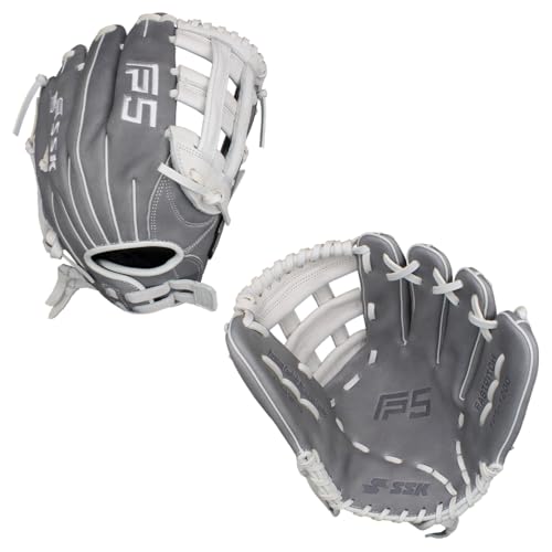 SSK FP5 Fastpitch Softball Glove – Infield - Outfield - Pitcher – 11.5”-11.75”-12”-12.25”-12.5”-12.75”-13”– Right & Left Hand Throw (Grey/White - H Web, 12' - Right Hand Throw)