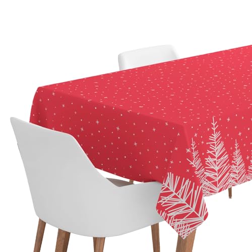 OH YEAH - Rollo Mantel de Papel Navidad Rojo Abetos Blancos - 120 x 500 cm - Platos, Vasos, Servilletas y Mantel - Decoración Mesa Navideña - Diseño de Abetos con Adornos - Celebraciones de Navidad