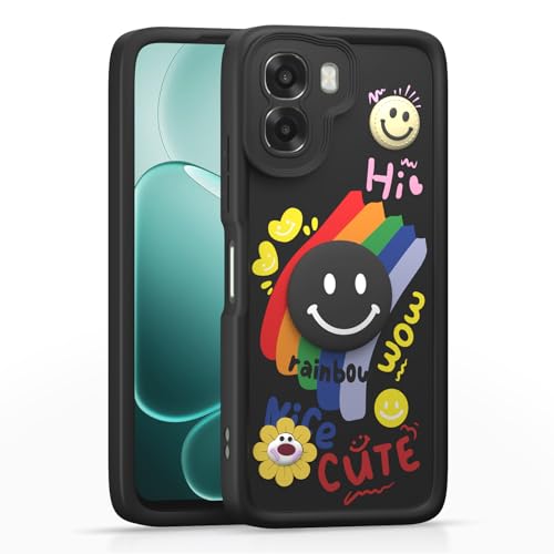 Image of Pikkme Back Cover for Oppo A6X 5G | Soft Silicone| Cute Rainbow Smile & 3D Cartoon Flower Design | Shockproof Raised Camera Protection Bumper Case (Black)