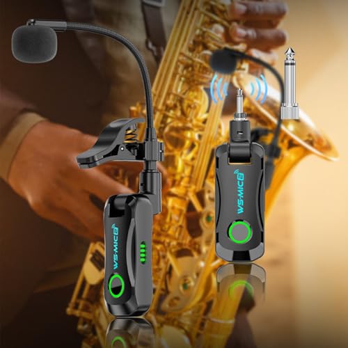 Wireless Saxophone Microphone System, Clip on Instrument Microphone Suitable for Saxophone/Trumpet/Trombone/Flute, Multi-Purpose Mic, Wireless Receiver and Transmitter,360° Adjustable (Black)