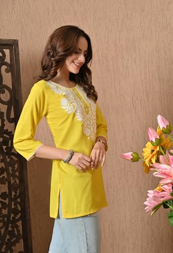 Image of LIBOZA Kurti for Women - Short Chikankari Kurtis for Girls, Lakhnawi Tunic Top Kurta Design for Ladies, Woman Ethnic Kurthis & Shirt with Sleeve