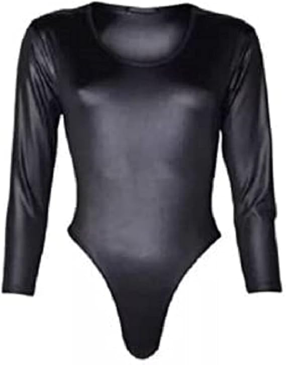 EASY BUYY Women Long Sleeve PVC Wet Look Leotard Body Suit 826