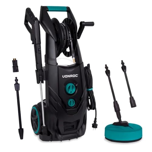 VONROC Profi Hochdruckreiniger 195bar - Fassadenreiniger für schwere Reinigungsarbeiten [2500W] - Hoher Durchfluss [468 l/h] Reinigungstank, Aluminium Pumpe - inkl. Terassenreiniger