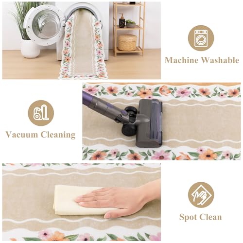 Vaukki Boho Kitchen Rug Sets 3 Pieces, Washable Kitchen Mats for Floor, Non Slip Soft Kitchen Area Rug Floor Mat for Kitchen, Laundry Room and Hallway (Flower-Beige, 20''x32''+20''x47''+20''x59'') — view 6