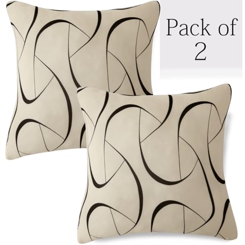 Image of HOKIPO 'Elira Series' Stretchable Cushion Cover for Sofa 22 inch x 22 inch, Packof 2, Natural Beige Abstract Art (AR-6712-C4*2)