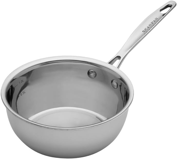 Scanpan Fusion 5 Stainless Steel Sauteuse 7 inch Without Lid – Aluminum Core, Measuring Units, Drip-Free Rim, 18/10 Steel Interior, Oven Safe 480°F, All Cooktops, Induction, Silver