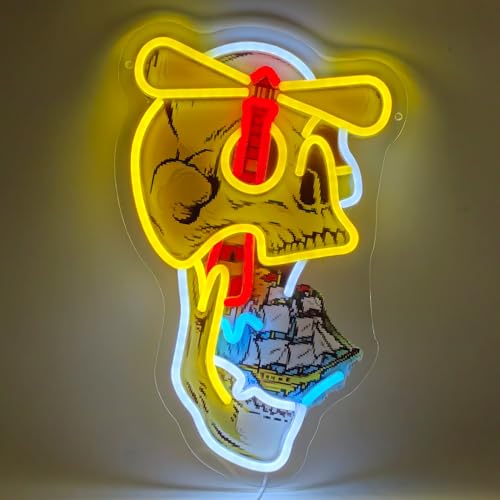 Image of Ghost Ship's Beacon Skull LED Neon Sign USB Powered for Wall Decor, Lighthouse Bones Neon Night Light Sign Dimmable for Room Party Decor Halloween Birthday Gifts