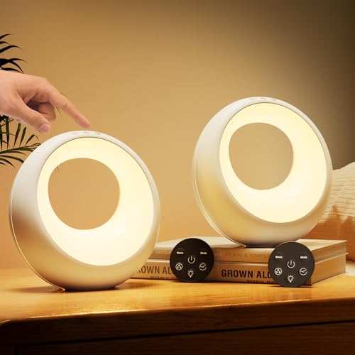 Image of Bonsery Bedside Lamp, Set of 2, LED Bedside Lamp, Touch Dimmable with Remote Control, Wireless Table Lamp with RGB Colour Changing, Round Night Lamp with Timer & Memory for Living Room, Children's