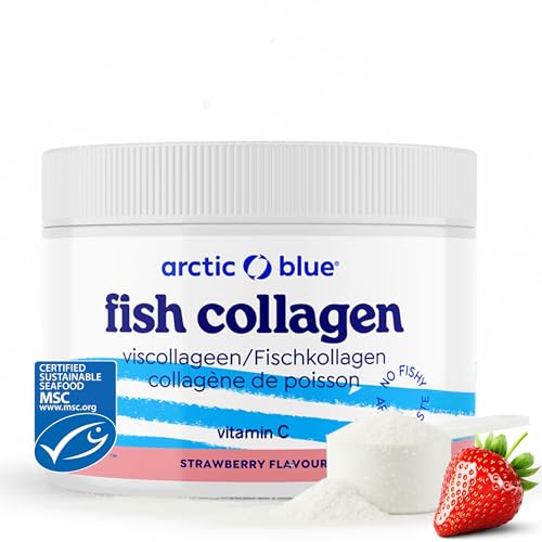 Arctic Blue Collagène Marin Poudre 150 g — Goût Fraise — Hydrolysat de Collagène de Poisson Arctique MSC + Vitamine C Naturelle d’Acérola — Haute Pureté, Facile à Dissoudre