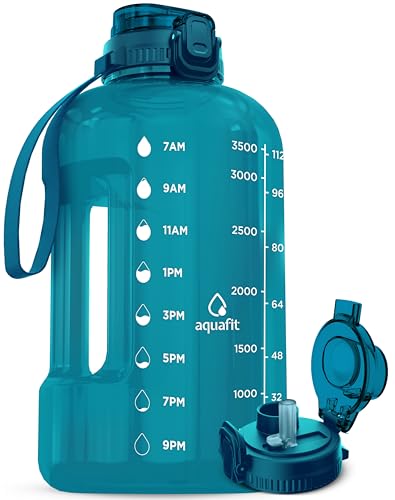 Image of AQUAFIT 1 Gallon Water Bottle with Time Marker - Straw & Chug Lid - BPA Free Gym Water Bottle with Straw - Big Gallon Jug (Aqua, 128 oz - 2in1 Lid)