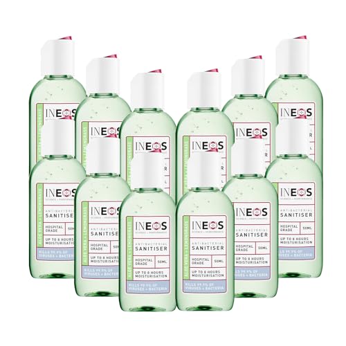 INEOS - Sanitiser Pocket Gel (50 ml) - Hand Sanitiser - Aloe & Lemongrass - Hospital Grade, Effective against 99.9% of Viruses and Bacteria (12 Pack), Packaging May Vary