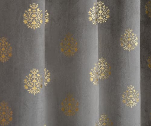 Image of KALIYO Grey Velvet Room Darkening Curtain with Gold Foil Floral Print | Eyelet Window Curtain | Soft Luxury Fabric | 9 Ft | Pack of 1
