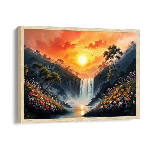 Image of ArtX Canvas Rising Sun Painting For Vastu, Big Size Wall Art, Water Stream, Waterfall Painting Vastu, Rising Sun Wall Decor, Multicolor, Nature, 91.0 X 61.0 cm, Set of 1