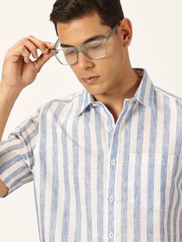 Image of Thomas Scott Men's | Stripes | Half Sleeve | Slim Fit | Linen Blend | Spread Collar | Casual Shirt