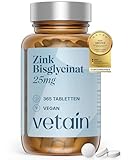 VETAIN Zink 25mg - 365 Tabletten - mit Zinkbisglycinat (Zink-Chelat) - optimal hochdosiert - vegan &...