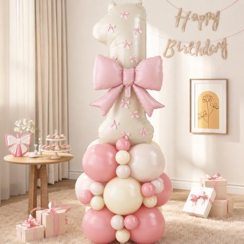 Image of 40 Inch Pink Beige Number 1 Balloon Tower with Bow 1st Birthday Decorations