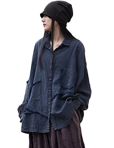 NFYM Women Cotton Linen Shirt Long Sleeve Distressed Frayed Patchwork Irregular Button Down Casual Loose Tunic Tops2