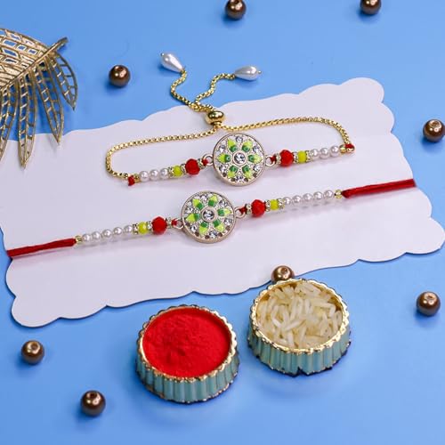 Image of Oblivion Rakhi Set for Brother and Bhabhi - Peacock with Feather Gift for Bhai & Lumba for Bhabhi with Silver Colour Coin and Greeting Card - Raksha Bandhan Combo