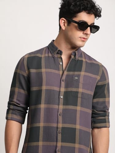 Image of Men Purple Checked Slim Fit Cotton Casual Shirt