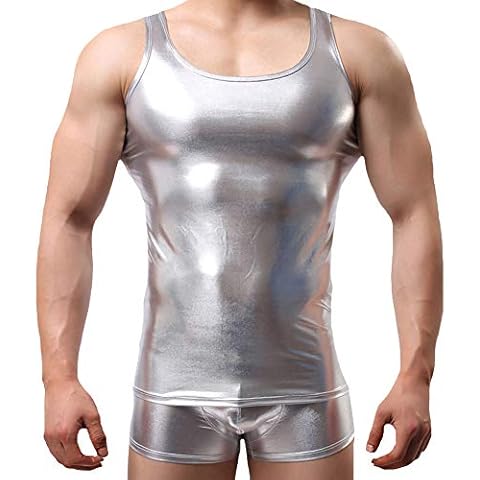 Tenchif Men's Metallic T-Shirt Shiny Sleeveless Tops Vest Clubwear Silver Cover