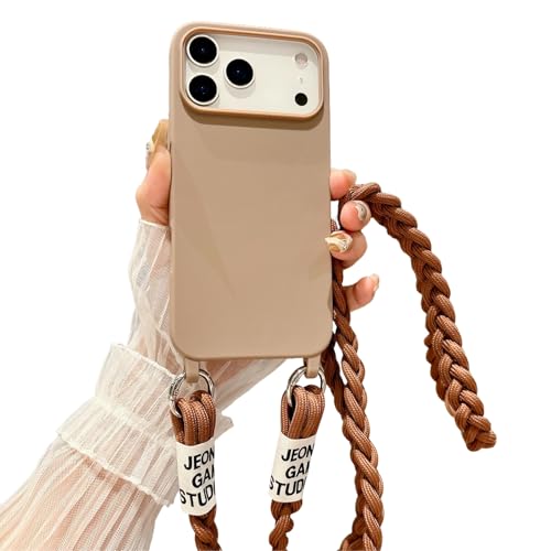 Emlivi Handykette Hülle für iPhone 17 Necklace Handyhülle Nylon Schultergurt Liquid Silikon TPU Cover mit Kordel zum Umhängen Schutzhülle mit Stylische Band Case für iPhone 17 Milchtee